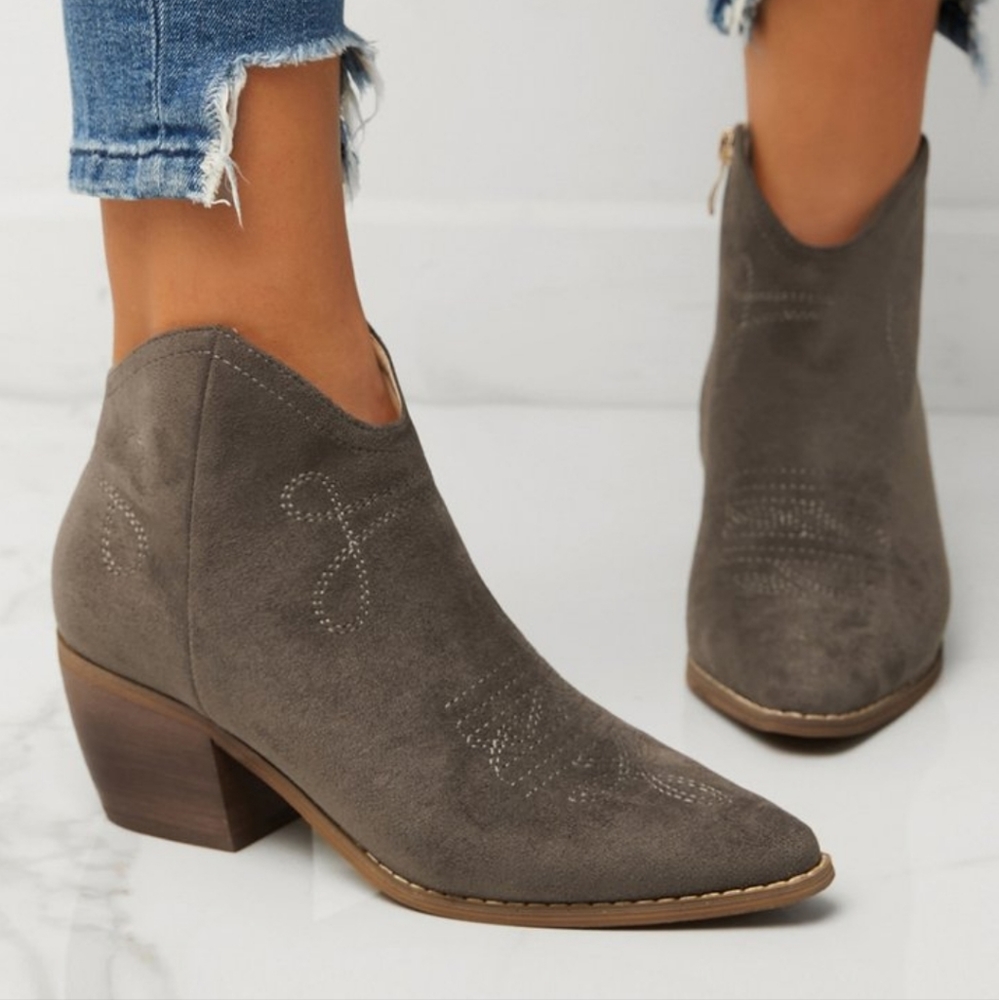 Gray Stitch Cowboy Ankle Bootie
